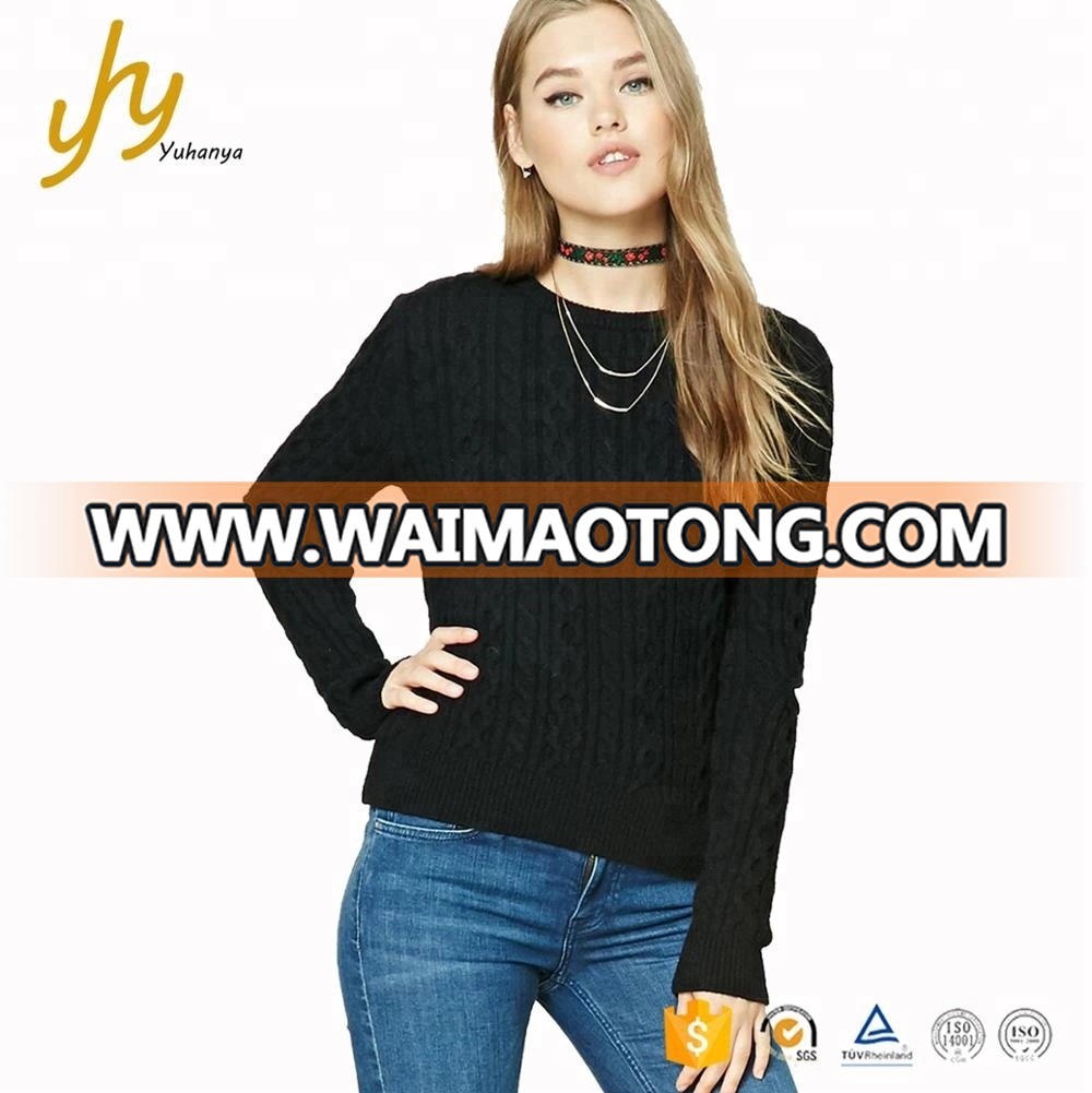 Round Neck Black Elbow Cutout Cable Girls Knitted Sweaters